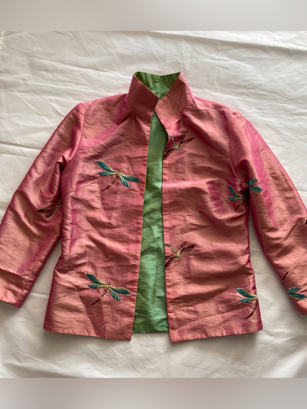 Grace Chuang NY Vintage Jacket Dragonfly Art Reversible Taffeta/Silk Blend S/M